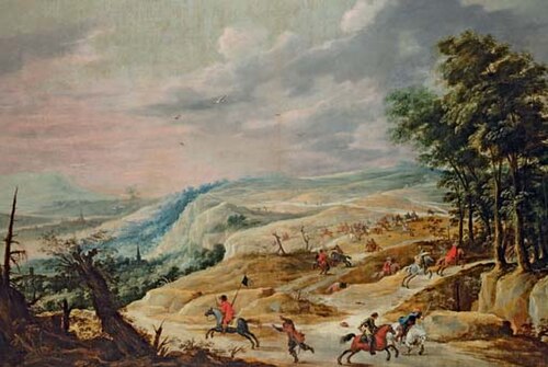 An extensive landscape with a cavalry skirmish on a ridge, 1650, David Teniers le Jeune