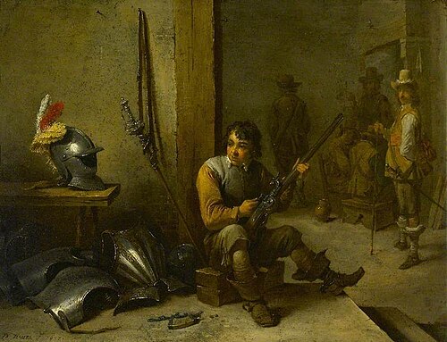 A Soldier Cleaning a Flintlock in a Guardroom, Armour beside him and Soldiers beyond, 1647, David Teniers the Younger