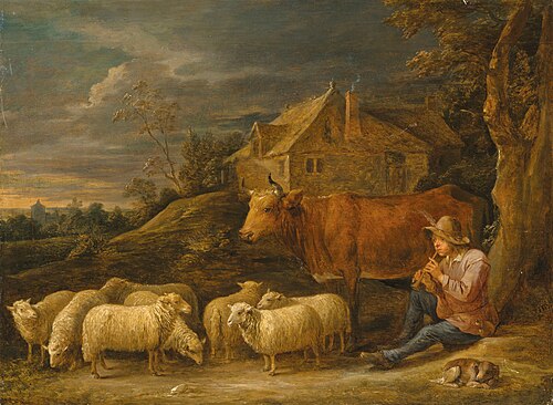 A shepherd playing the flute to his flock, 1650, David Teniers the Younger
