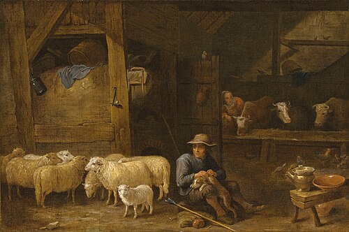 Interior of a barn with a shepherd and his flock, 1650, David Teniers the Younger