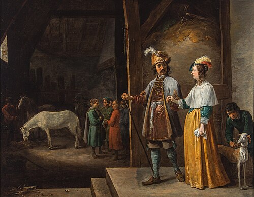 A lady and gentleman entering a stable, 1647, David Teniers the Younger