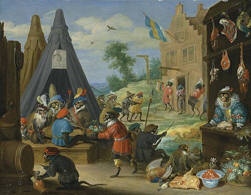 A festival of monkees (Monkeys dressed as soldiers in an encampment near a town), 1633, David Teniers the Younger