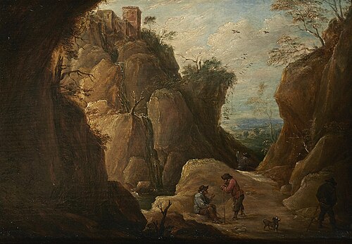 Mountain landscape with travellers, , David Teniers the Younger
