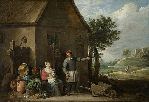 A peasant with his wife and child in front of the farmhouse, 1650, David Teniers the Younger