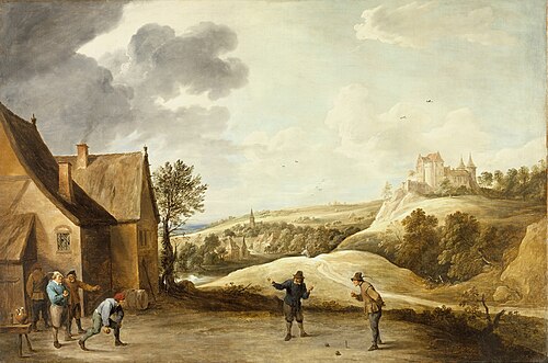 Landscape with Peasants Playing Bowls Outside an Inn, 1660, David Teniers the Younger