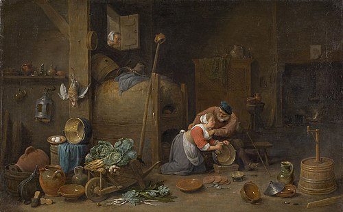 Interior with old man groping a kitchen maid, 1672, David Teniers le Jeune