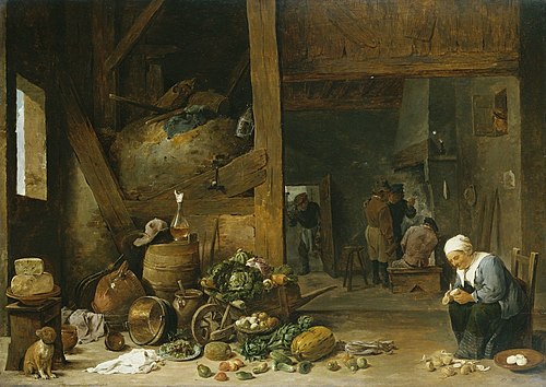 The Interior of a Kitchen with an Old Woman Peeling Turnips, 1642, David Teniers le Jeune