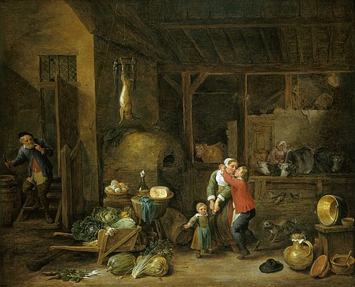 Interior of a Famhouse with Figures ('The Stolen Kiss'), 1660, David Teniers le Jeune