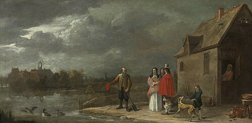A Family Standing in a Landscape with a Moated House in the Background, 1650, David Teniers le Jeune