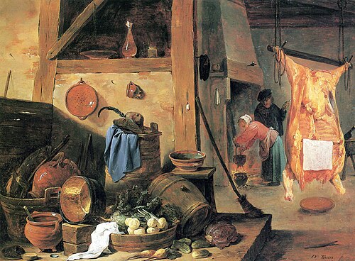 Kitchen interior with Still-life and Slaughtered Ox, 1640, David Teniers le Jeune