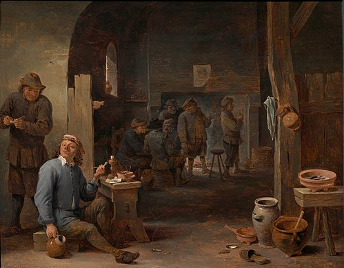 Tavern scene with a smoker holding a crock, 1650, David Teniers le Jeune