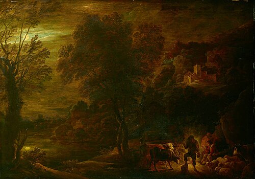 Moonlight landscape with shepherds at the fire, 1650, David Teniers le Jeune