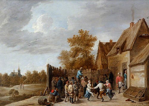 Peasants dancing outside a Tavern, with a Village Church in the distance, 1660, David Teniers le Jeune
