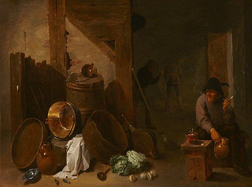 Kitchen Interior with Toper and other Peasants beyond, 1634, David Teniers the Younger