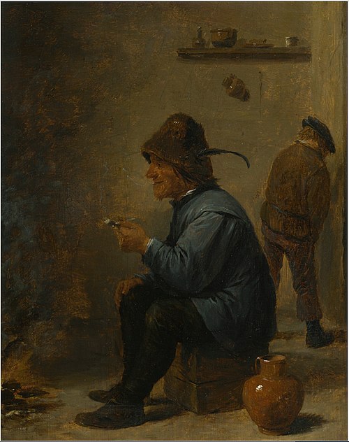 A man holding a pipe sitting before a fire in a tavern, a man peeing in the corner, 1630, David Teniers le Jeune