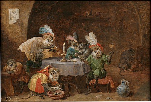Monkeys smoking and drinking, 1660, David Teniers le Jeune