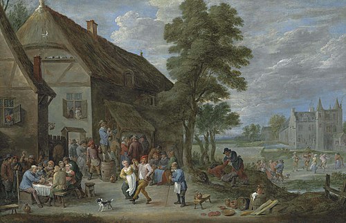 Peasants dancing outside an inn at Perck, with the Kasteel de Drij Toren beyond, 1680, David Teniers le Jeune