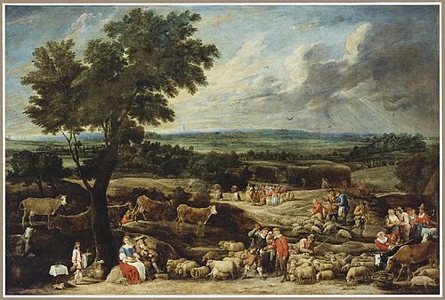 A livestock market in an extensive landscape with Antwerp in the distance, 1677, David Teniers le Jeune