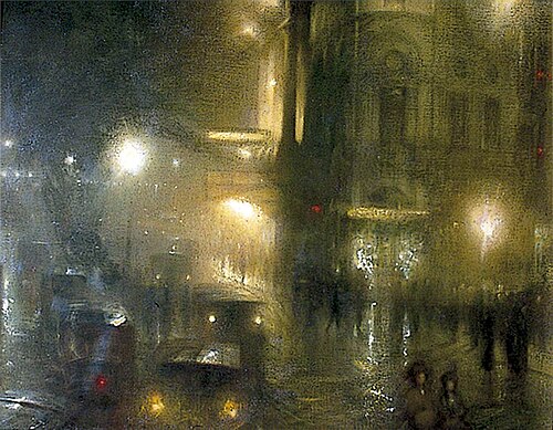 Flare and Flutter: Piccadilly Circus at Night, 1912, Arthur Hacker