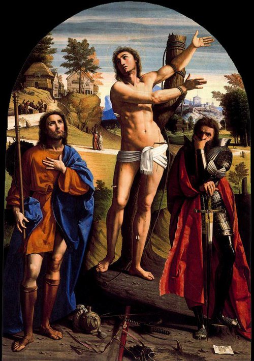 Saints Sebastian, Roch and Demetrius, 1520, Ortolano Ferrarese