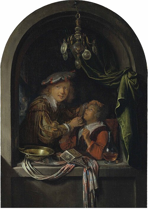 A barber-surgeon examining a girl, 1638, Gérard Dou