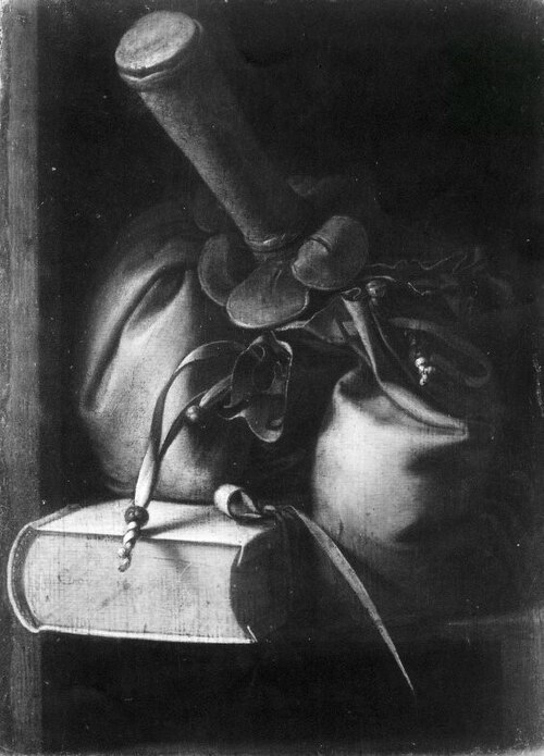Stillleben mit Buch und Lederbeutel (Dudelsack), 1647, Gérard Dou