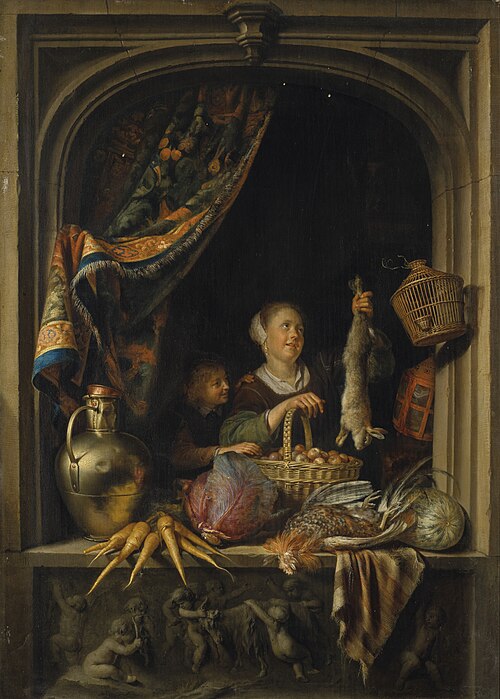 A young woman holding a hare with a boy at a window, , Gerrit Dou