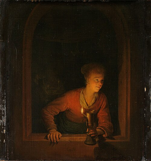 Jeune femme à sa fenêtre éclairée par une lampe à l'huile, 1660, Gérard Dou