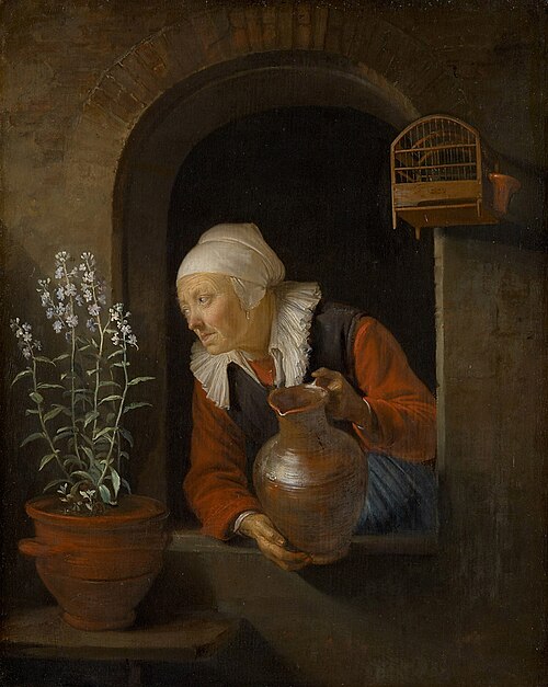 Old Woman Watering Flowers, 1660, Gerrit Dou