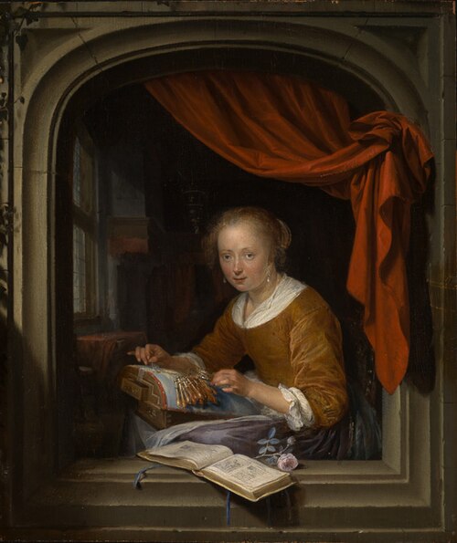 Young woman making lace, 1663, Gerrit Dou