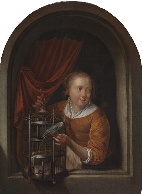 Young Woman in a Niche with a Parrot and a Cage, 1662, Gerrit Dou