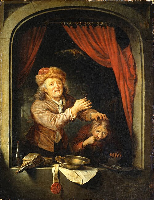 A tooth-drawer holding up a tooth after extracting it from a patient, 1672, Gérard Dou