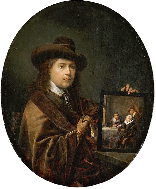Portrait of the Painter holding a Group Portrait of his Family, 1655, Gerrit Dou