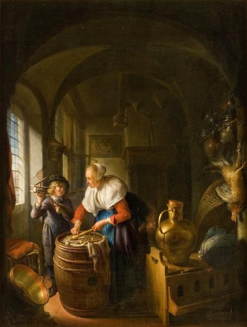 Kitchen scene with a woman and a boy with a mousetrap, 1640, Gerrit Dou