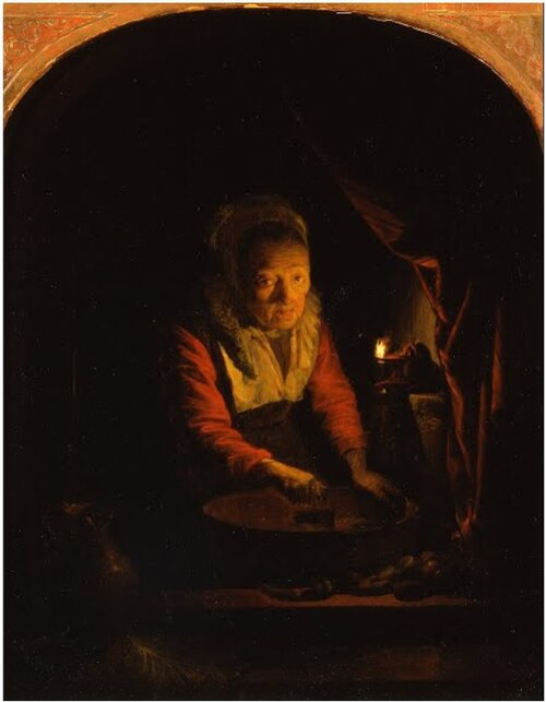 Old Woman in a Window chopping Onions, 1660, Gérard Dou