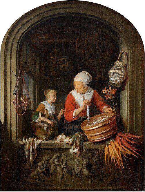 Woman selling herring and girl in a window, 1651, Gerrit Dou