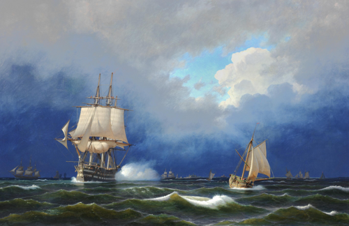 The ship of the line ”Frederik den Sjette“ in a gale., 1862, Niels Carl Flindt Dahl