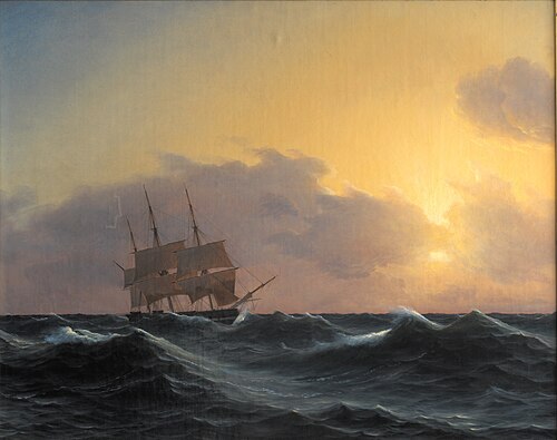 Fregat i en storm med rebede undersejl, 1846, Niels Carl Flindt Dahl