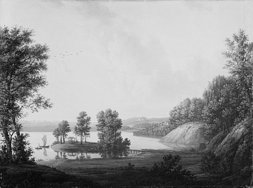Prospekt fra Dronninggård over Furesøen. I forgrunden øen Chevallier med det kinesiske lysthus, 1777, Eric Paulsen
