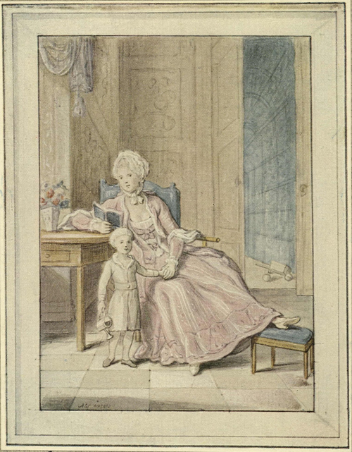 Queen Caroline Mathilde of Denmark with crown prince Frederik. First sketch., 1770, Peder Als