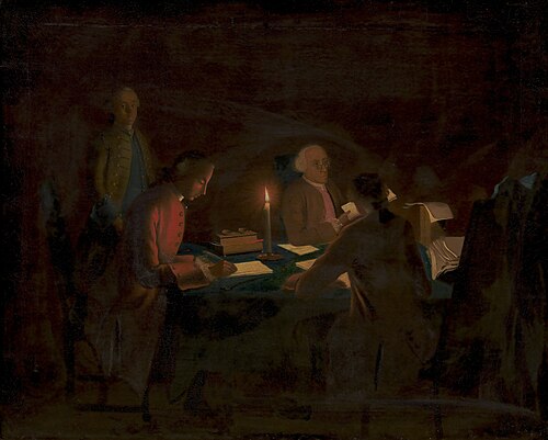 Interiør med en regnskabsfører og nogle skrivere ved stearinlys, 1752, Johan Hörner
