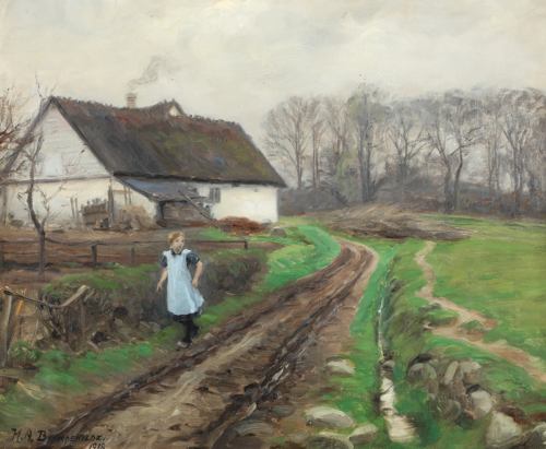 Lille pige på opkørt vej bag en gård, 1918, H. A. Brendekilde