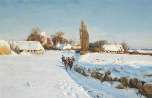 School children walking in the snow on a sunny winter day., 1900, H. A. Brendekilde