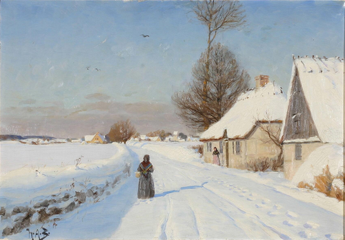 A Winter day in a village, showing persons near thatched houses., 1908, H. A. Brendekilde
