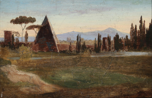 From the Protestant cemetary in Rome, with the pyramid of Cestius and mountains in the background., 1908, H. A. Brendekilde