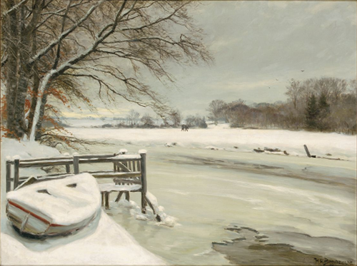 Winter day by a stream, with hunters in the background., 1908, H. A. Brendekilde