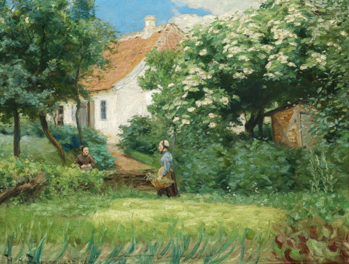 Summer in the garden. Two women talking by a blossoming chestnut tree., 1892, H. A. Brendekilde