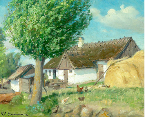 Hens in front of a thatched farmhouse., 1908, H. A. Brendekilde