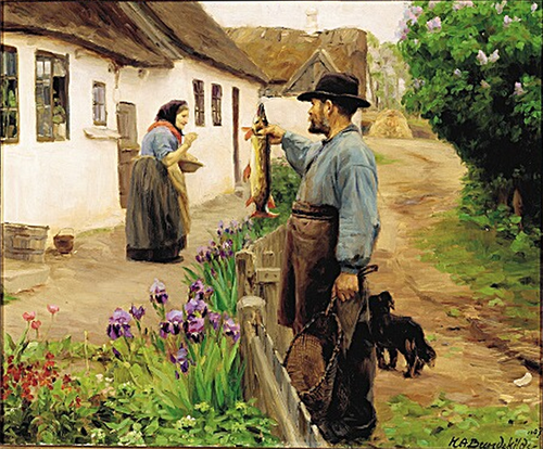 "The Fisherman". A fisherman offering a fresh northern pike to an old woman., 1907, H. A. Brendekilde