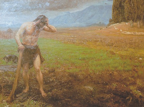 Kain ved sit arbejde i marken efter at have ihjelslået sin broder Abel, 1896, H. A. Brendekilde